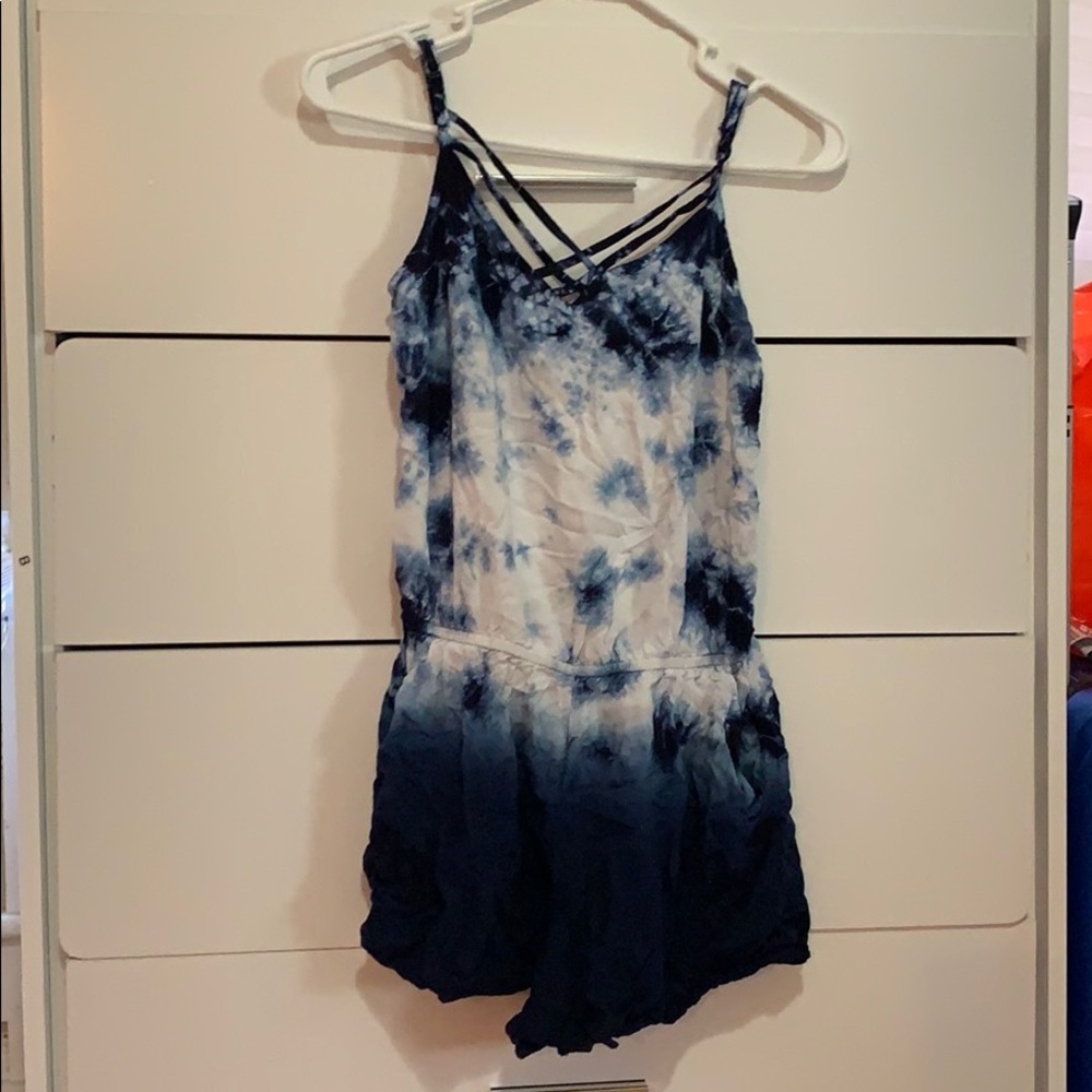 Blue and white spaghetti strap romper